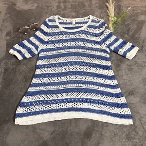 Blue and White Striped Crochet Knit Top Sz XL